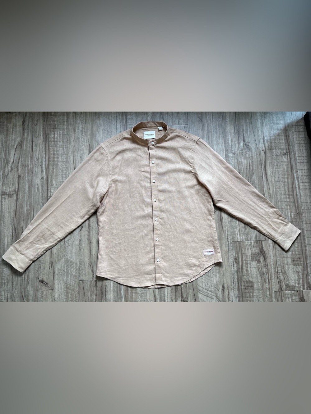 Linen blend tan neutral summer breathable natural Men's Mandarin Collar Shirt